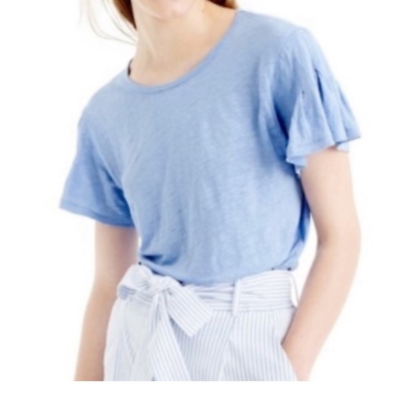 NWT J Crew Sz S Linen Flutter Sleeve Tee Blue 100% Linen Short Sleeve Casual - Picture 2 of 7